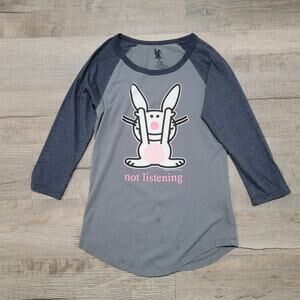 Jim Benton Happy Bunny Raglan Baseball Tee Juniors Size Medium T Shirt Y2K Flaw